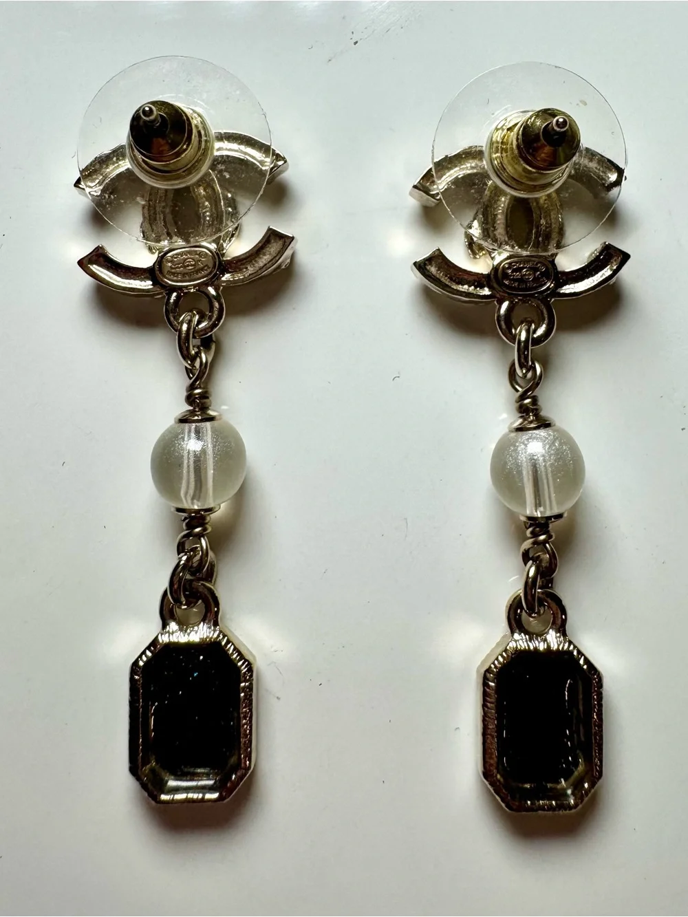 Chanel CC Logo Pearl, Crystal, and Gem Drop Earrings W Box